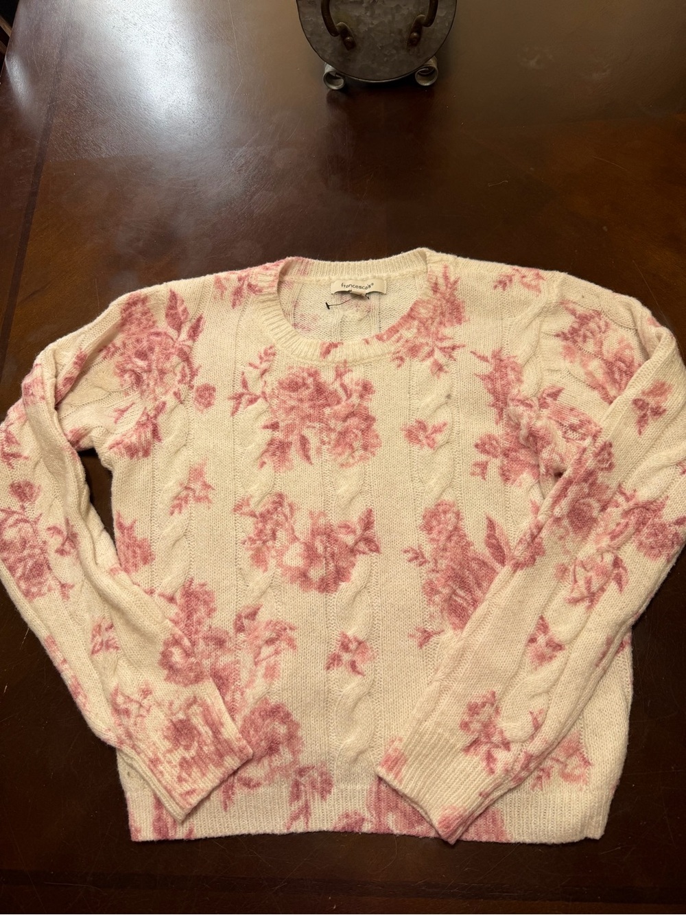 Francesca's Collections Cream Sweater with Pink Floral Cable Knit